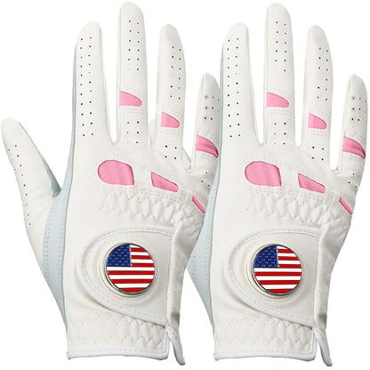 Amy Sport Womens Golf Gloves Left Hand Right with Ball Marker Value 2 Pack All Weather Grip Rain Soft Leather Pink Size Small Medium Large XL (2 Pack-Worn on Right Hand Large)