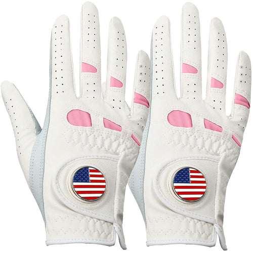 Amy Sport Womens Golf Gloves Left Hand Right with Ball Marker Value 2 Pack All Weather Grip Rain Soft Leather Pink Size Small Medium Large XL (2 Pack-Worn on Right Hand Large)